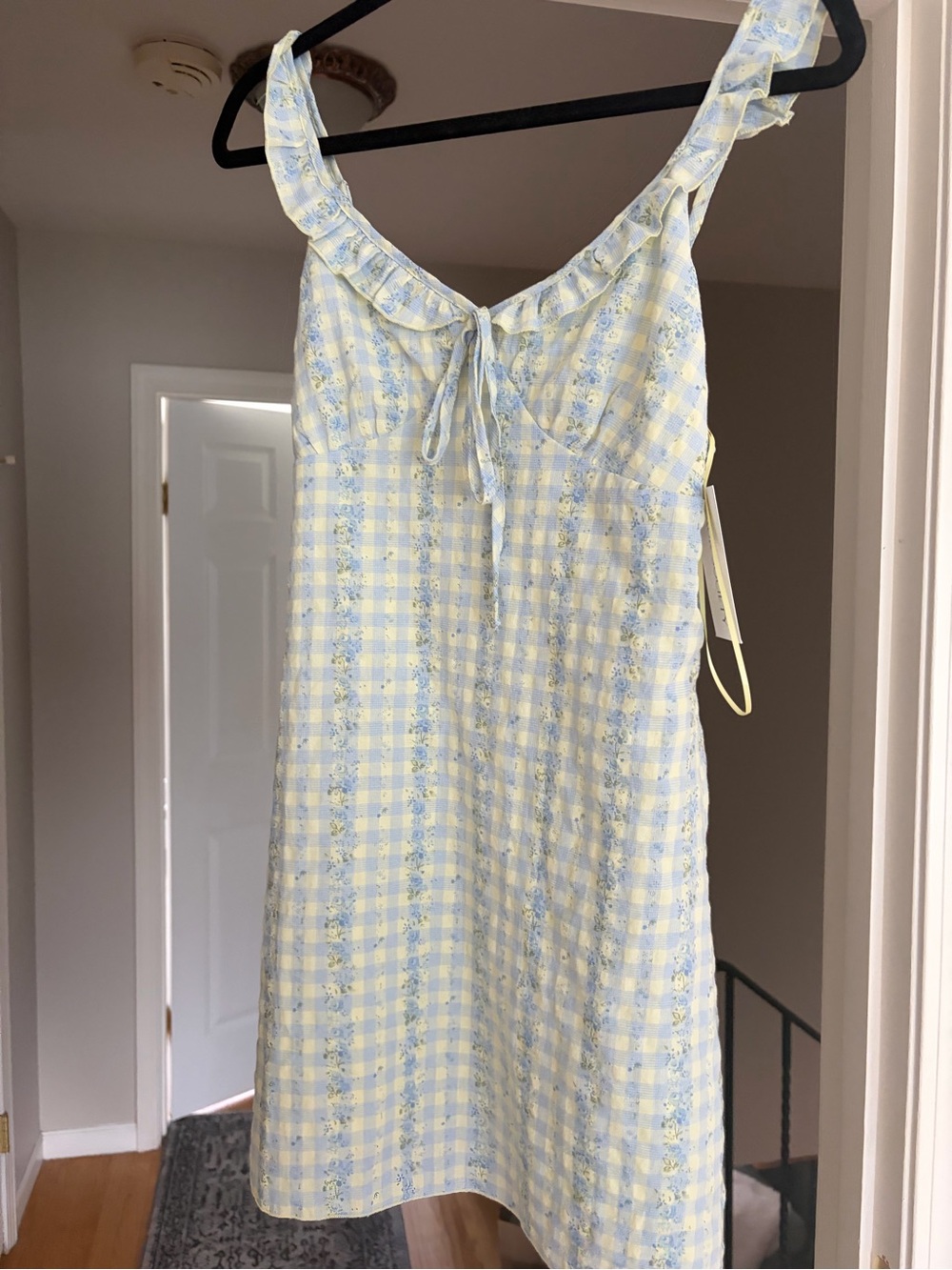 NWT Aur Society Yellow and Light Blue Gingham Ruffle Mini Dress size M